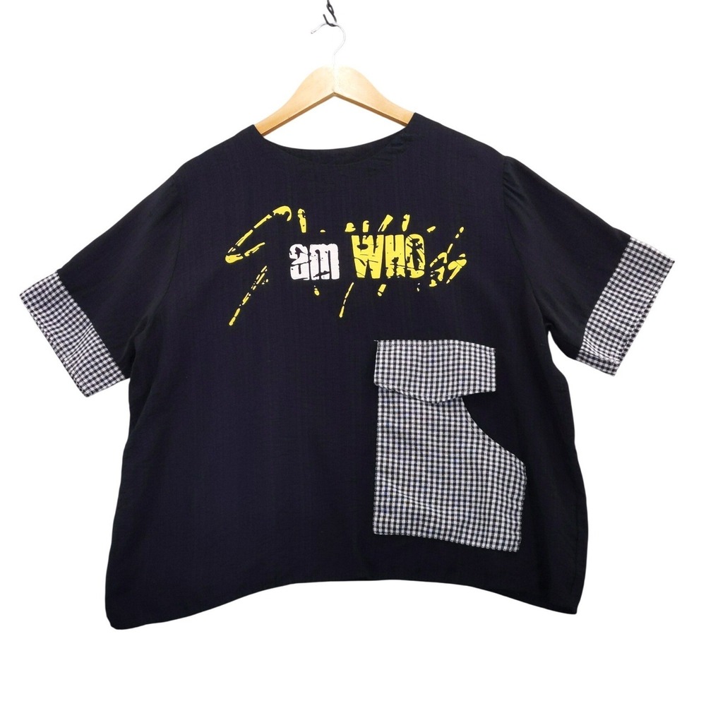 Ellazhu Graphic Print Top Women One Size Black Gingham Patchwork‎ Boxy Shirt